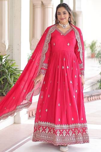 Pink color zari sequins embroidered work vichitra silk gown dupatta