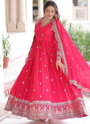 Pink zari sequins embroidered work vichitra silk blend gown dupatta 2