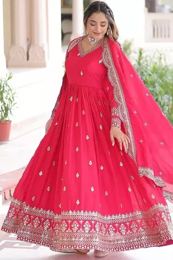 Pink color zari sequins embroidered work vichitra silk blend gown dupatta