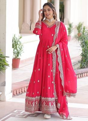 Pink zari sequins embroidered work vichitra silk blend gown dupatta 3