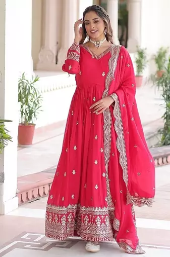 Pink color zari sequins embroidered work vichitra silk blend gown dupatta