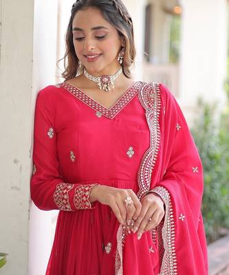 Pink zari sequins embroidered work vichitra silk blend gown dupatta 4
