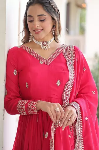 Pink color zari sequins embroidered work vichitra silk blend gown dupatta