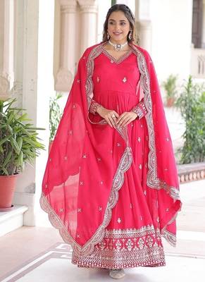 Pink zari sequins embroidered work vichitra silk blend gown dupatta 5