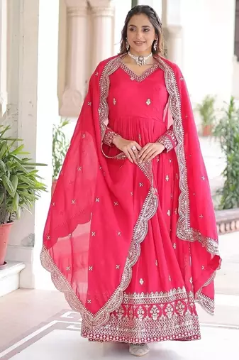 Pink color zari sequins embroidered work vichitra silk blend gown dupatta