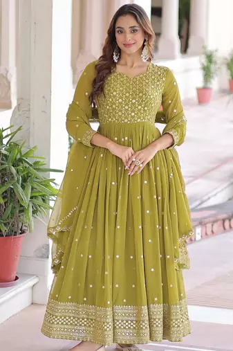 Mehandi green color zari sequins embroidered work georgette gown dupatta