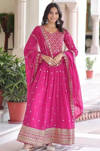 Pink color zari sequins embroidered work georgette gown dupatta