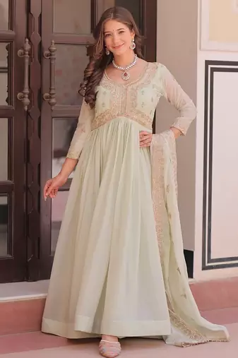 Pista color beads sequins embroidered work georgette gown dupatta