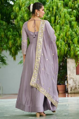 Onion purple color threads sequins embroidered work vichitra silk gown dupatta