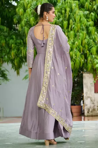 Onion purple color threads sequins embroidered work vichitra silk gown dupatta