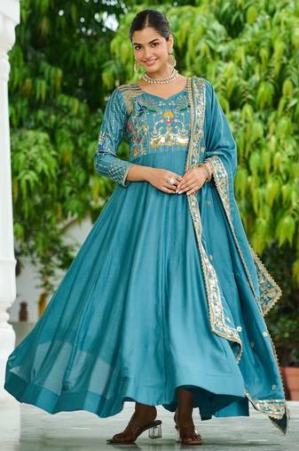 Sky blue color threads sequins embroidered work vichitra silk gown dupatta