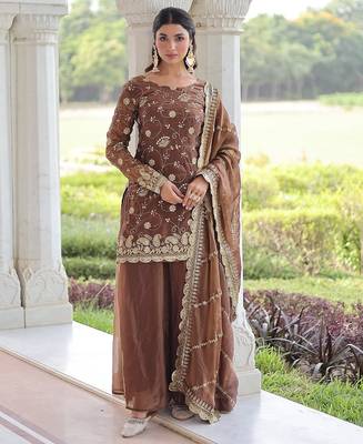 Coffee sequins work fendi silk blend designer readymade top-sharara-dupatta 1
