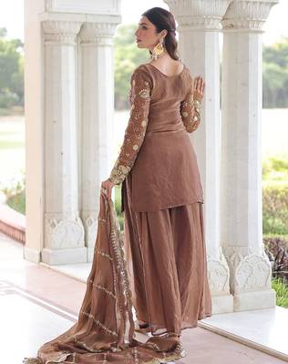 Coffee sequins work fendi silk blend designer readymade top-sharara-dupatta 2