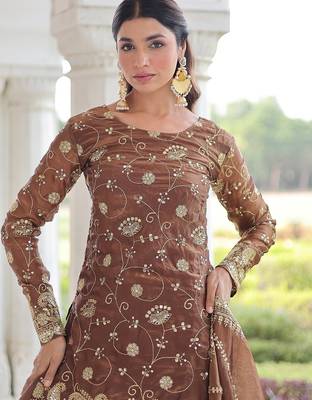 Coffee sequins work fendi silk blend designer readymade top-sharara-dupatta 3