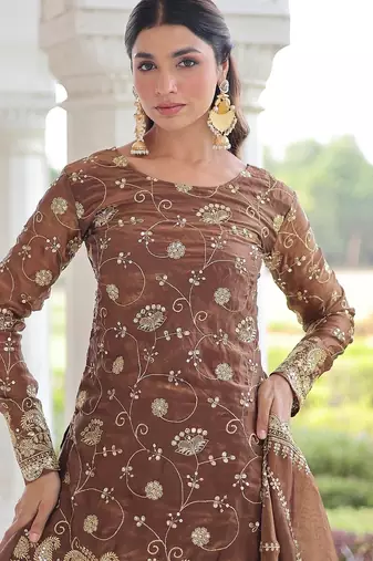 Coffee color sequins work fendi silk blend designer readymade top-sharara-dupatta