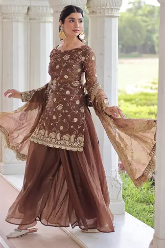 Coffee color sequins work fendi silk blend designer readymade top-sharara-dupatta