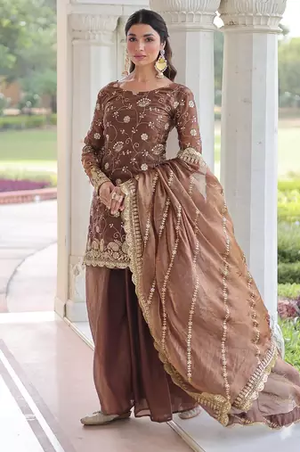 Coffee color sequins work fendi silk blend designer readymade top-sharara-dupatta