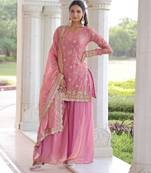 Pink color sequins work fendi silk designer readymade top-sharara-dupatta