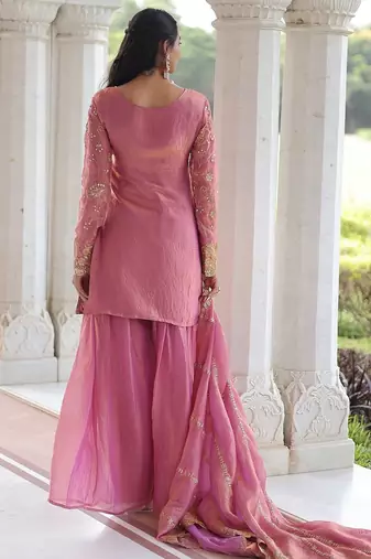 Pink color sequins work fendi silk blend designer readymade top-sharara-dupatta