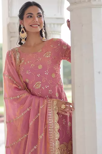 Pink color sequins work fendi silk blend designer readymade top-sharara-dupatta