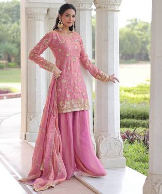 Pink sequins work fendi silk blend designer readymade top-sharara-dupatta 4