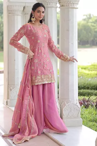 Pink color sequins work fendi silk blend designer readymade top-sharara-dupatta