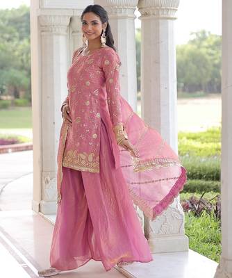 Pink sequins work fendi silk blend designer readymade top-sharara-dupatta 5
