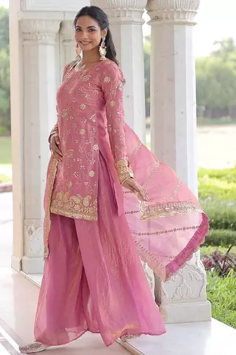 Pink color sequins work fendi silk blend designer readymade top-sharara-dupatta