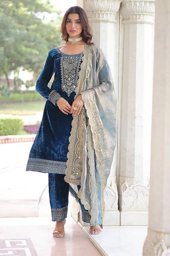 Blue color zari sequins embroidered work velvet top pant dupatta