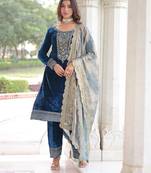 Blue color zari sequins embroidered work velvet top pant dupatta
