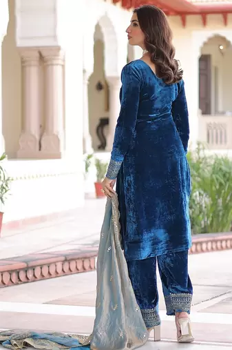 Blue color zari sequins embroidered work velvet top pant dupatta