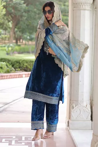 Blue color zari sequins embroidered work velvet top pant dupatta