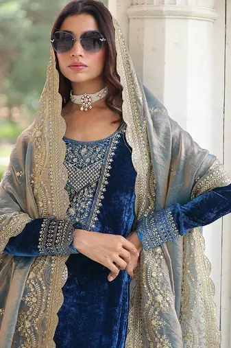 Blue color zari sequins embroidered work velvet top pant dupatta