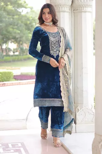 Blue color zari sequins embroidered work velvet top pant dupatta
