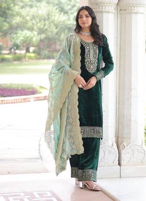 Green color zari sequins embroidered work velvet top pant dupatta 1