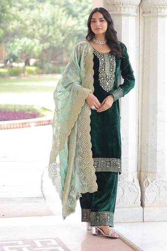 Green color zari sequins embroidered work velvet top pant dupatta