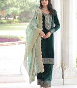 Green color zari sequins embroidered work velvet top pant dupatta