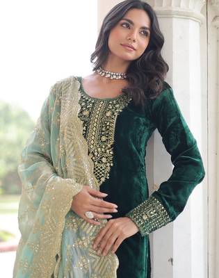 Green color zari sequins embroidered work velvet top pant dupatta 2