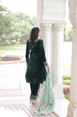 Green color zari sequins embroidered work velvet top pant dupatta 3