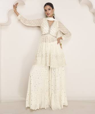 OffWhite Georgette Embroidery Sequence Work Kurta Sharara with Dupatta 1