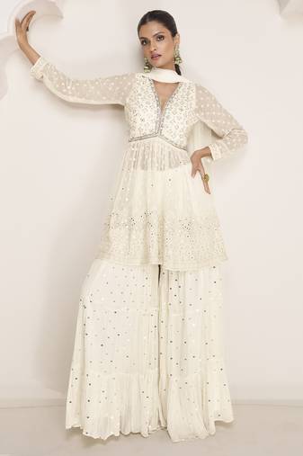 OffWhite Georgette Embroidery Sequence Work Kurta Sharara with Dupatta