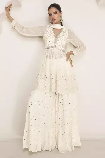 OffWhite Georgette Embroidery Sequence Work Kurta Sharara with Dupatta