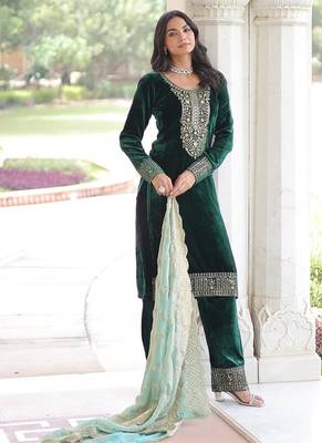 Green color zari sequins embroidered work velvet top pant dupatta 4