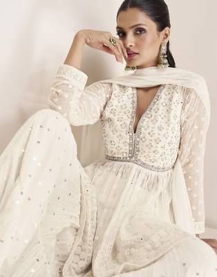 OffWhite Georgette Embroidery Sequence Work Kurta Sharara with Dupatta 3