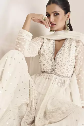 Trendmalls OffWhite Georgette Embroidery Sequence Work Kurta Sharara with Dupatta