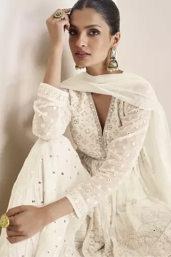 Trendmalls OffWhite Georgette Embroidery Sequence Work Kurta Sharara with Dupatta