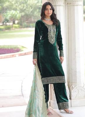 Green color zari sequins embroidered work velvet top pant dupatta 5