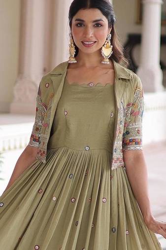 Parrot color thread zari sequins work vichitra silk gown with koti