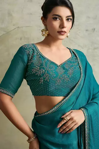 Captivating Green Chiffon Festive Wear Saree With Diamond Work Blouse