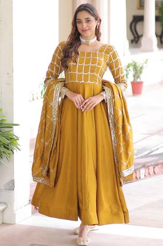 Musturd color zari sequins embroidered work vichitra silk gown dupatta